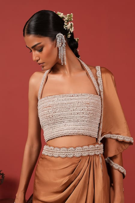 Buy_Suruchi Parakh_Brown Satin Embroidery Square Neck Blouse And Pre-draped Saree Set 