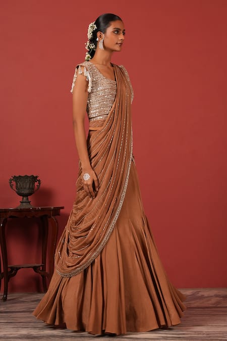 Buy_Suruchi Parakh_Brown Georgette, Crepe Beads, Sequins Round Neck Embroidered Blouse Lehenga Set _Online_at_Aza_Fashions