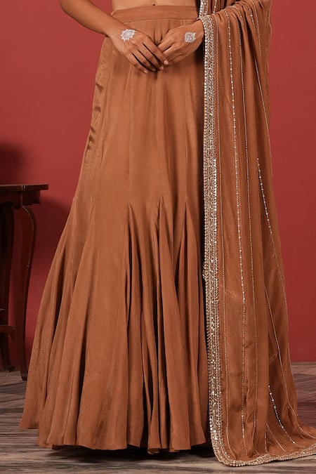 Shop_Suruchi Parakh_Brown Georgette, Crepe Beads, Sequins Round Neck Embroidered Blouse Lehenga Set _Online_at_Aza_Fashions