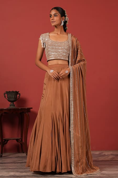 Suruchi Parakh Brown Georgette, Crepe Beads, Sequins Round Neck Embroidered Blouse Lehenga Set
