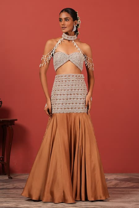 Suruchi Parakh Beige Georgette, Crepe Beads, Embroidery Asymmetric Fusion Lehenga Set 