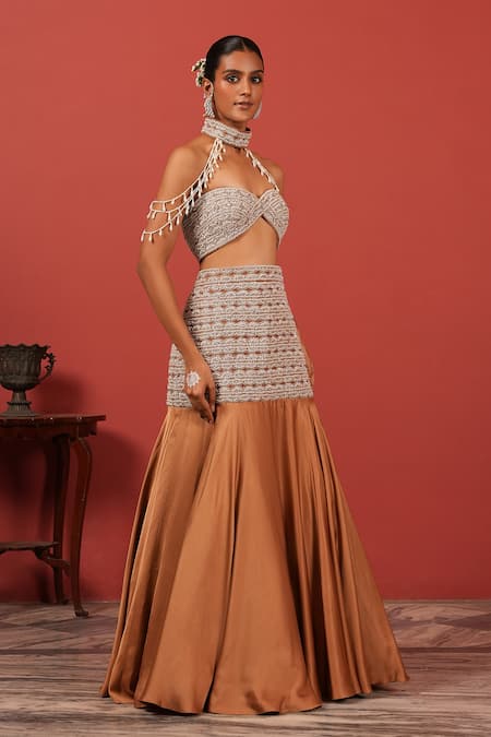 Buy_Suruchi Parakh_Beige Georgette, Crepe Beads, Embroidery Asymmetric Fusion Lehenga Set _Online_at_Aza_Fashions