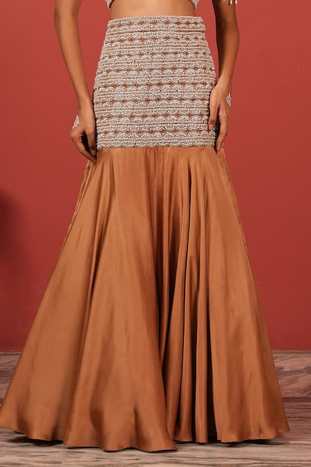 Shop_Suruchi Parakh_Beige Georgette, Crepe Beads, Embroidery Asymmetric Fusion Lehenga Set _Online_at_Aza_Fashions