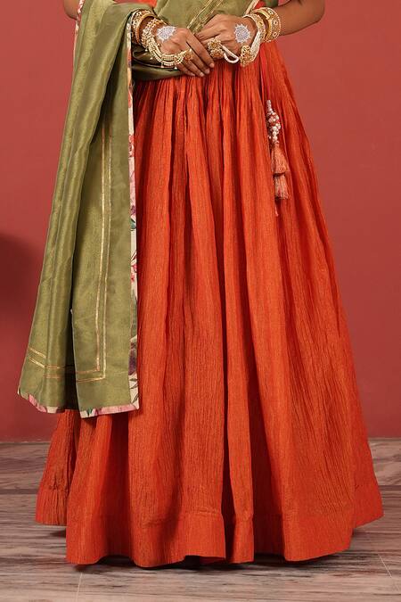 Buy_Suruchi Parakh_Orange Tissue, Georgette Embroidery, Tassels Round Hand-embroidered Lehenga Set _Online_at_Aza_Fashions