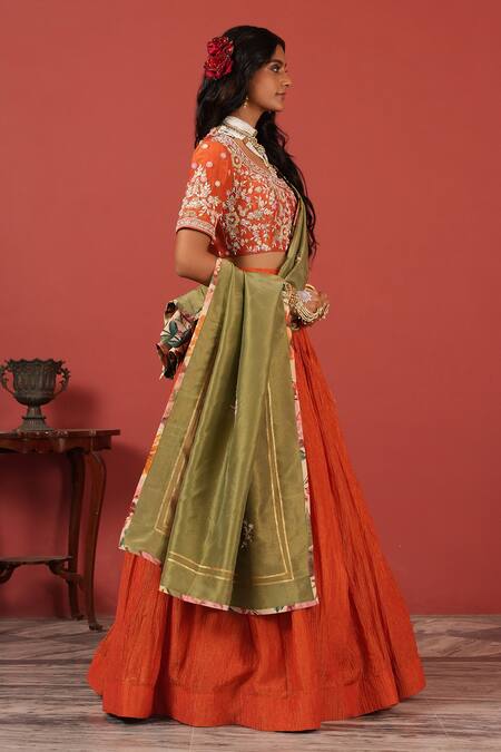 Shop_Suruchi Parakh_Orange Tissue, Georgette Embroidery, Tassels Round Hand-embroidered Lehenga Set _Online_at_Aza_Fashions