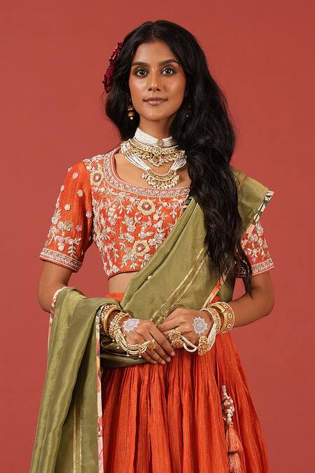 Suruchi Parakh_Orange Tissue, Georgette Embroidery, Tassels Round Hand-embroidered Lehenga Set _at_Aza_Fashions