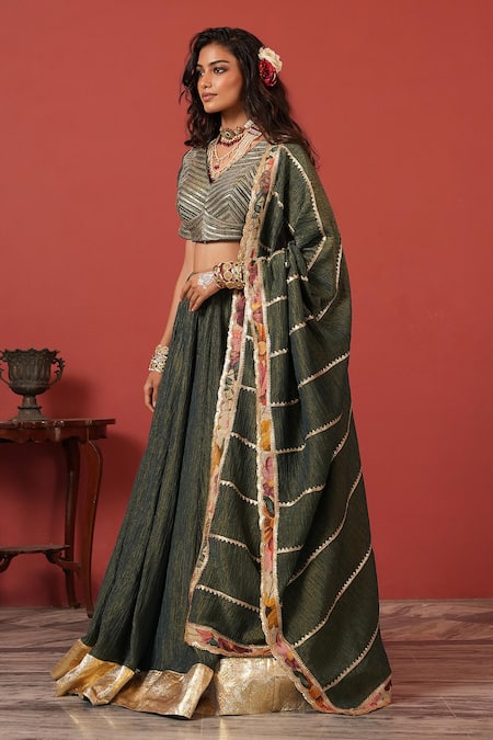 Buy_Suruchi Parakh_Green Georgette, Tissue Embroidery V-neck Handcrafted Lehenga Set _Online_at_Aza_Fashions