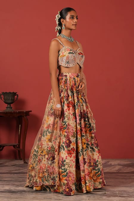 Shop_Suruchi Parakh_Multi Color Georgette, Tissue Zari, Zardozi Handcrafted Bustier Lehenga Set _Online_at_Aza_Fashions