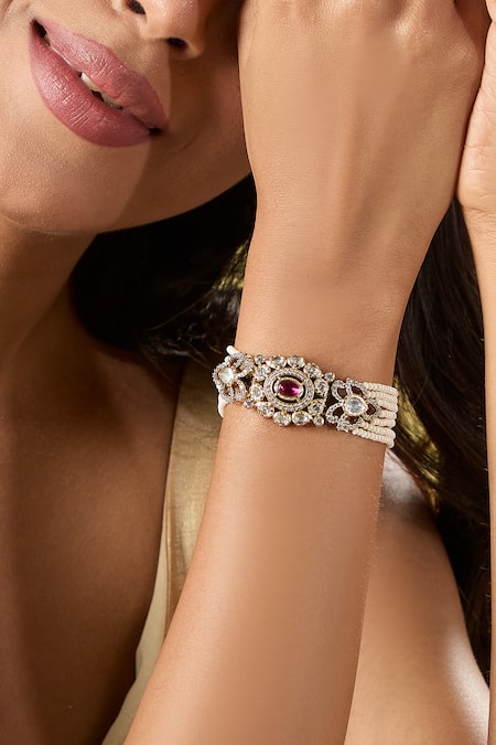 Shop Nazaakat By Samara Singh Red Imitation Gemstones Kundan Bracelet Online at Aza Fashions Shop_Nazaakat By Samara Singh_Red Imitation Gemstones Kundan Bracelet _Online_at_Aza_Fashions