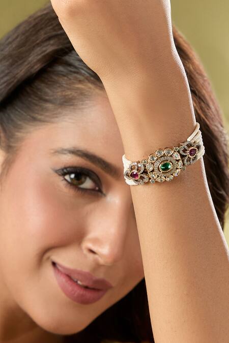 Nazaakat By Samara Singh_Red Imitation Gemstones Kundan Bracelet _Online_at_Aza_Fashions