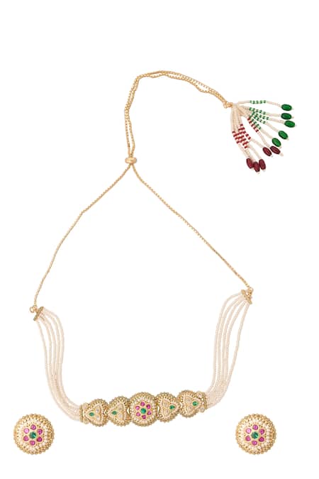 Nazaakat By Samara Singh Green & Ruby Kundan Choker Necklace Set 