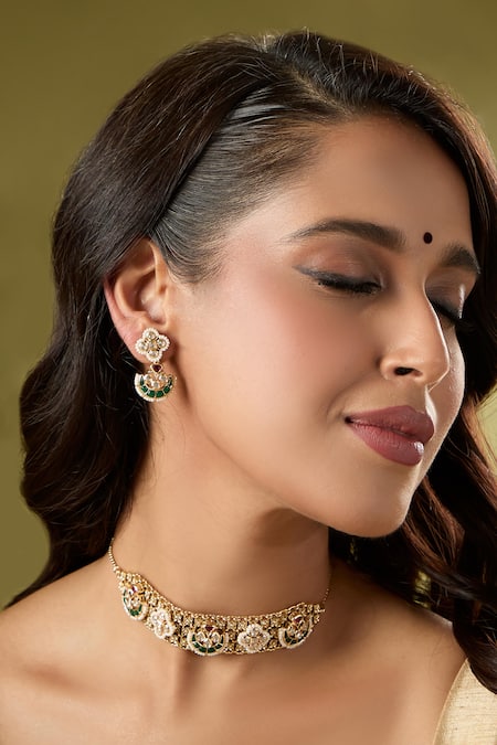 Nazaakat By Samara Singh Green & Ruby Kundan Choker Necklace Set 