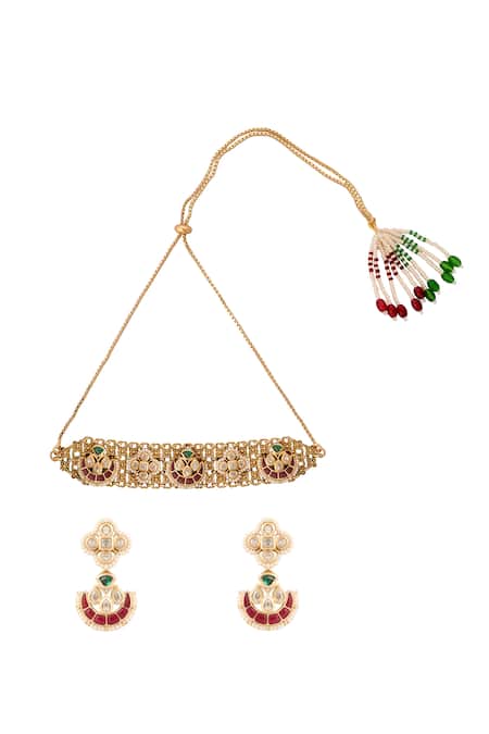Nazaakat By Samara Singh Ruby & Green Kundan Choker Necklace Set 