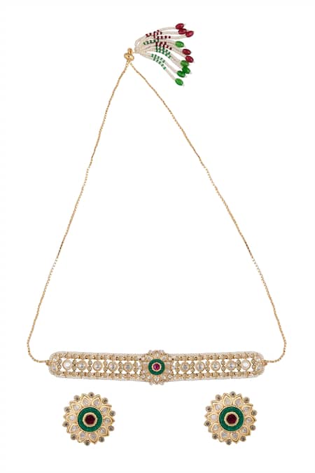 Nazaakat By Samara Singh Ruby & Green Kundan Choker Necklace Set 