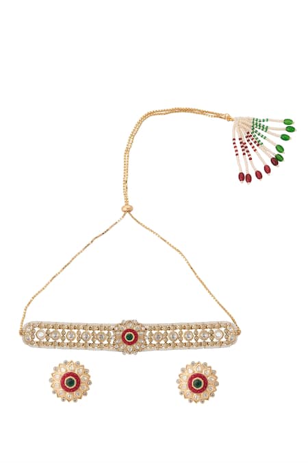 Nazaakat By Samara Singh Green & Ruby Kundan Choker Necklace Set 