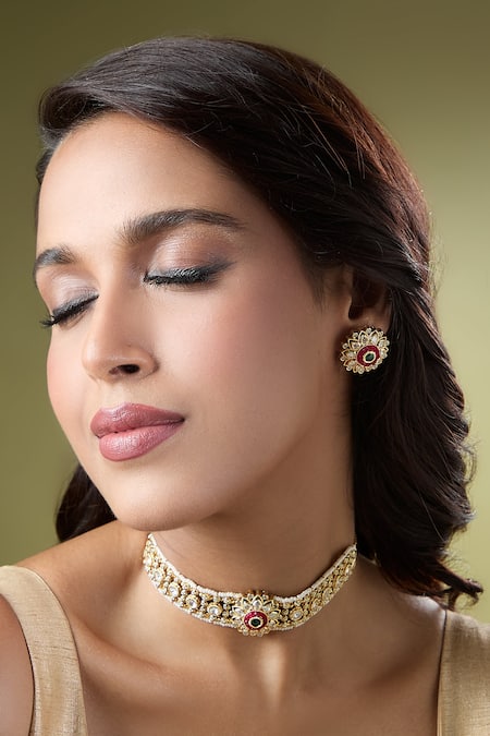 Nazaakat By Samara Singh Green Zari And Ruby Kundan Choker Necklace Set at Aza Fashions Nazaakat By Samara Singh_Green Zari And Ruby Kundan Choker Necklace Set _at_Aza_Fashions