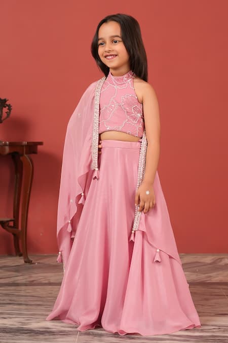 Shop_Suruchi Parakh_Pink Georgette, Crepe Tassels, Embroidery, Sequins Work Lehenga Set _Online_at_Aza_Fashions