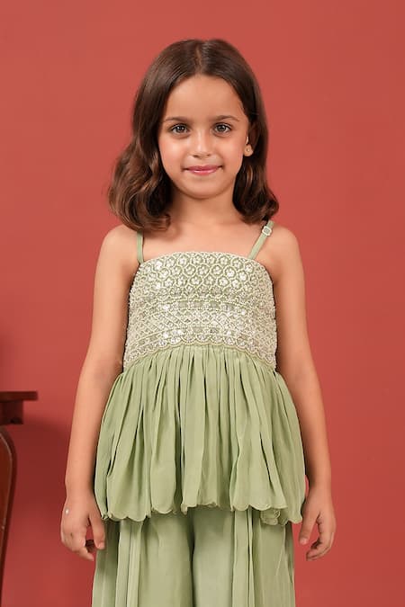 Buy_Suruchi Parakh_Green Georgette, Crepe Sequins Embroidered Peplum Top With Pant _Online_at_Aza_Fashions