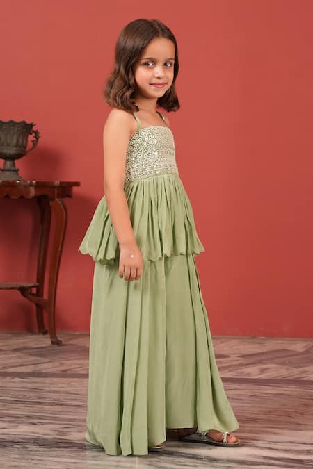 Shop_Suruchi Parakh_Green Georgette, Crepe Sequins Embroidered Peplum Top With Pant _Online_at_Aza_Fashions