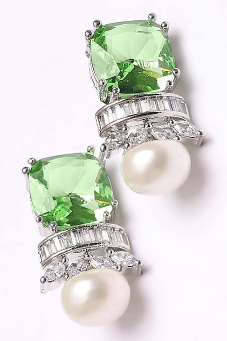 Dugran By Dugristyle Green Pearls, Diamonds Hari Chamak Drop Earrings 