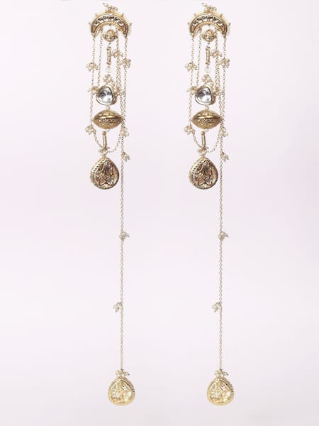 Dugran By Dugristyle Gold Plated Stones, Pearls, Chains Sona Sa Husn Drop Earrings 