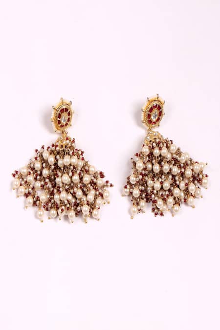 Dugran By Dugristyle Red Pearls, Beads, Faux Diamonds, Stones Surkh Andaz Jhumkas 