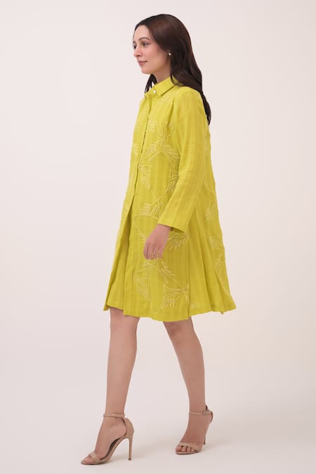 Ruchi Marodia_Green Cotton Embroidery Collared Mendaka Shirt Dress _Online_at_Aza_Fashions