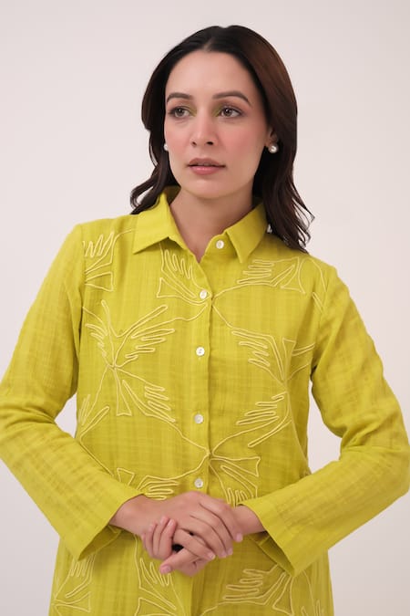 Shop_Ruchi Marodia_Green Cotton Embroidery Collared Mendaka Shirt Dress _Online_at_Aza_Fashions
