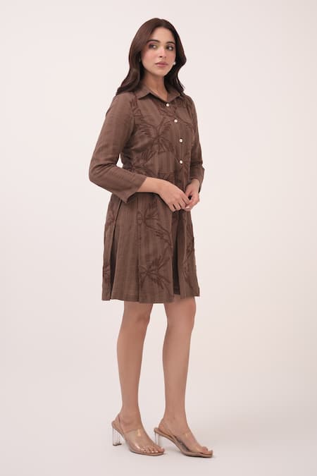 Buy_Ruchi Marodia_Brown Cotton Embroidery Collared Mendaka Shirt Dress _Online_at_Aza_Fashions