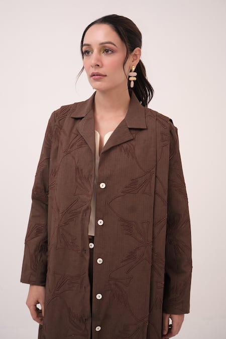 Shop_Ruchi Marodia_Brown Embroidery Mandarin Collar Mendaka 3d Jacket _Online_at_Aza_Fashions