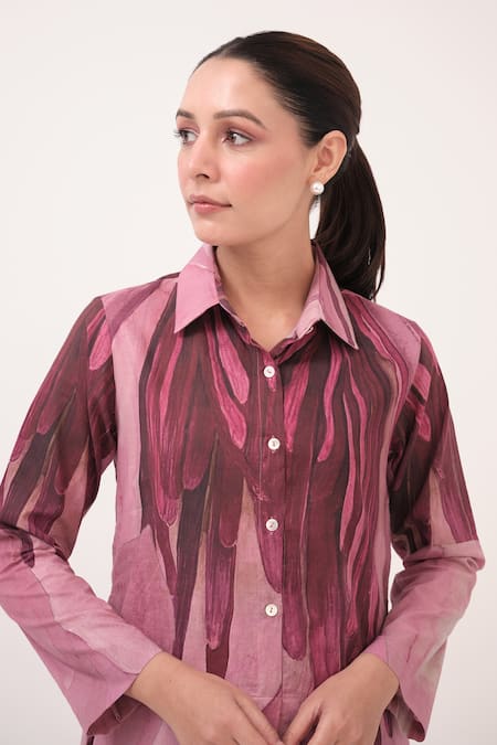 Shop_Ruchi Marodia_Pink Cotton Collared Watercolour Lotus Print Shirt Dress _Online_at_Aza_Fashions