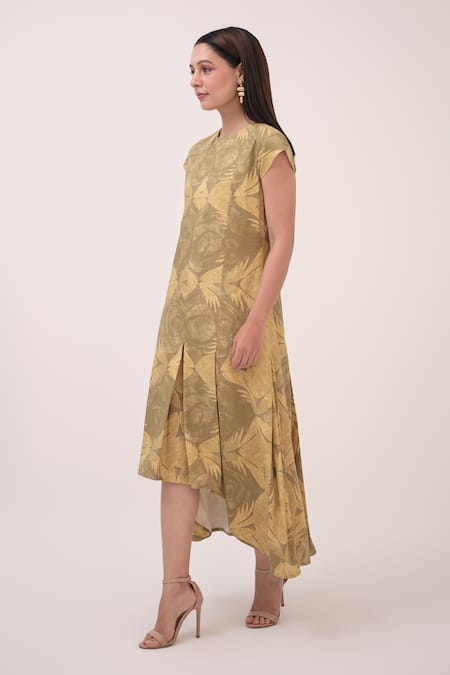 Ruchi Marodia_Green Round Neck Mendaka Asymmetric Dress _Online_at_Aza_Fashions