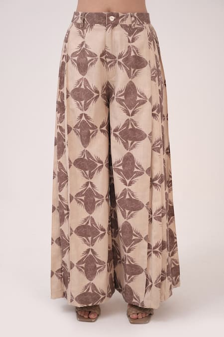 Shop Ruchi Marodia Beige Notched Neck Mendaka Top With Box Pleated Pant Online at Aza Fashions Shop_Ruchi Marodia_Beige Notched Neck Mendaka Top With Box Pleated Pant _Online_at_Aza_Fashions