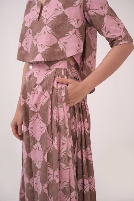 Buy_Ruchi Marodia_Pink Hemp Keyhole Neck Mendaka Top With Box Pleated Pant _Online_at_Aza_Fashions