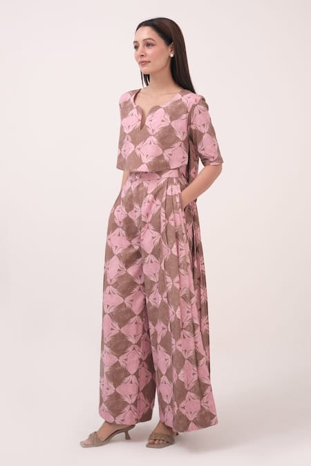 Ruchi Marodia_Pink Hemp Keyhole Neck Mendaka Top With Box Pleated Pant _at_Aza_Fashions