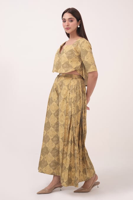 Ruchi Marodia_Yellow Notched Neck Mendaka Top With Box Pleated Pant _Online_at_Aza_Fashions