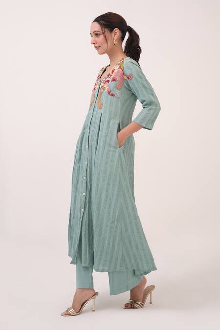 Ruchi Marodia_Teal Cotton Embroidery Leaf Neck Hand Panelled Kurta And Pant Set _Online_at_Aza_Fashions