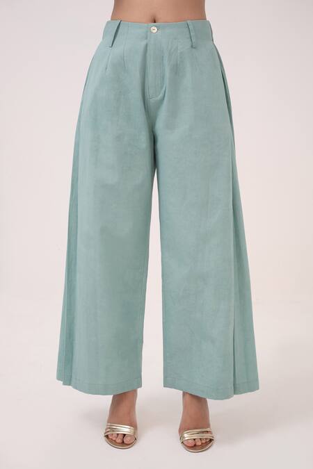 Buy_Ruchi Marodia_Teal Cotton Embroidery Leaf Neck Hand Panelled Kurta And Pant Set _Online_at_Aza_Fashions