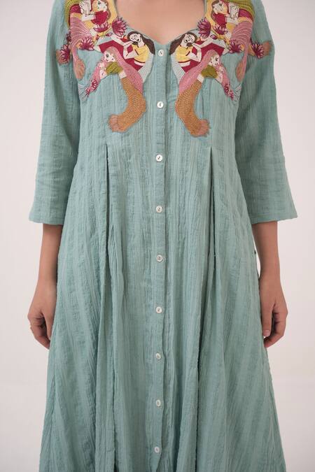 Ruchi Marodia_Teal Cotton Embroidery Leaf Neck Hand Panelled Kurta And Pant Set _at_Aza_Fashions