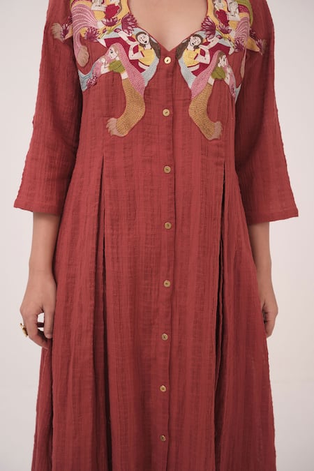 Shop_Ruchi Marodia_Red Cotton Embroidery V-neck Hand Panelled Kurta And Pant Set _Online_at_Aza_Fashions