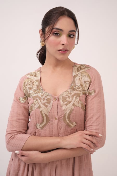 Shop Ruchi Marodia Pink Cotton Embroidery V-neck Hand Panelled Kurta Set Online at Aza Fashions Shop_Ruchi Marodia_Pink Cotton Embroidery V-neck Hand Panelled Kurta Set _Online_at_Aza_Fashions