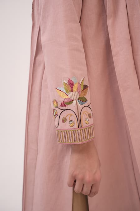 Buy_Ruchi Marodia_Pink Embroidery Mandarin Collar Hand Pastel Jacket _Online_at_Aza_Fashions