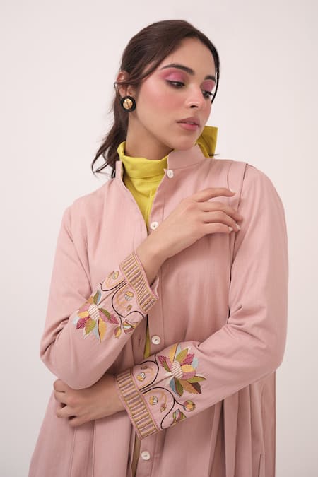 Shop_Ruchi Marodia_Pink Embroidery Mandarin Collar Hand Pastel Jacket _Online_at_Aza_Fashions