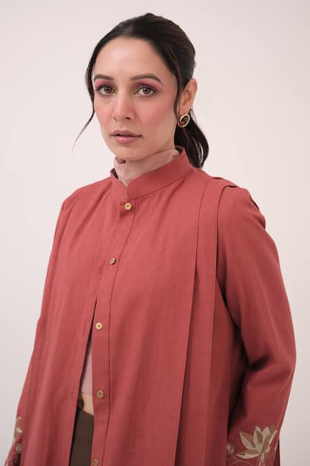 Buy_Ruchi Marodia_Pink Embroidery Mandarin Collar Hand Berry Jacket _Online_at_Aza_Fashions