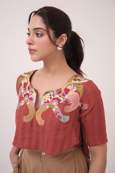 Ruchi Marodia Red Cotton Embroidery Notched Neck Top And Pant Set Online at Aza Fashions Ruchi Marodia_Red Cotton Embroidery Notched Neck Top And Pant Set _Online_at_Aza_Fashions