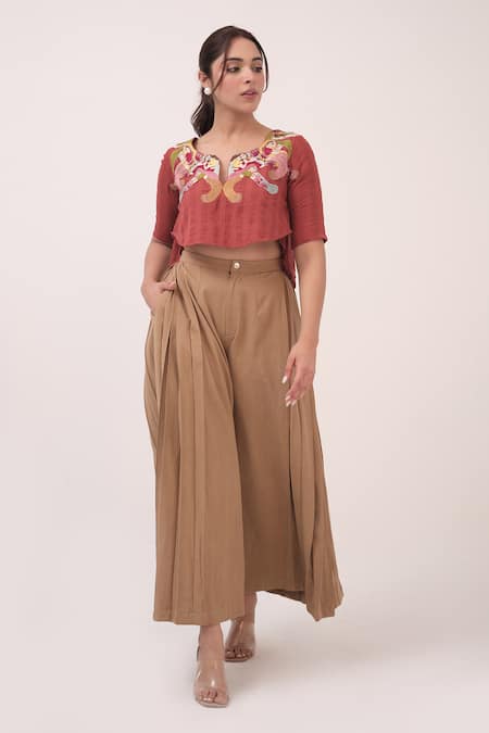 Buy Ruchi Marodia Red Cotton Embroidery Notched Neck Top And Pant Set Online at Aza Fashions Buy_Ruchi Marodia_Red Cotton Embroidery Notched Neck Top And Pant Set _Online_at_Aza_Fashions