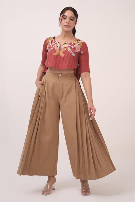 Shop Ruchi Marodia Red Cotton Embroidery Notched Neck Top And Pant Set Online at Aza Fashions Shop_Ruchi Marodia_Red Cotton Embroidery Notched Neck Top And Pant Set _Online_at_Aza_Fashions