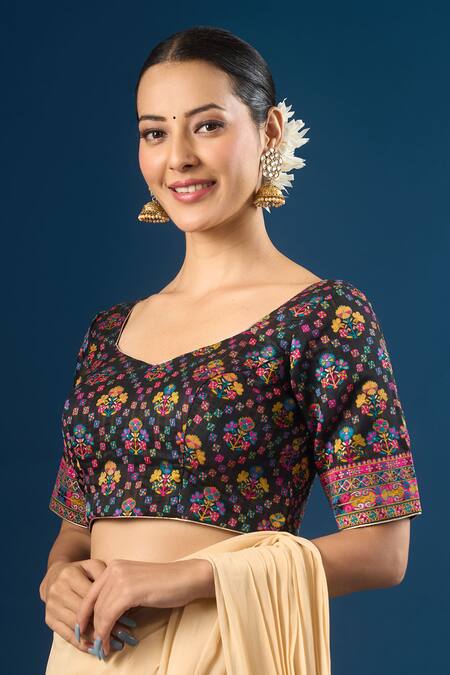 Samyukta Singhania Black Cotton Embroidery V-neck Floral Jaal Pattern Blouse Online at Aza Fashions Samyukta Singhania_Black Cotton Embroidery V-neck Floral Jaal Pattern Blouse _Online_at_Aza_Fashions
