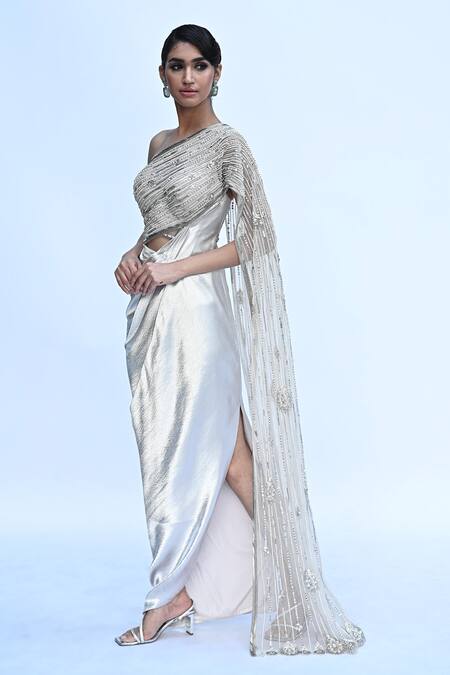 Buy_Rabiya Savlani_Silver Crepe, Tulle Sequins, Embroidery Asymmetric Saree Gown _Online_at_Aza_Fashions