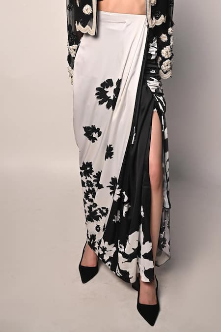 Rabiya Savlani_Black Satin, Tulle Fabric Flowers, Embroidery Open Neck, Jacket Skirt Set _Online_at_Aza_Fashions